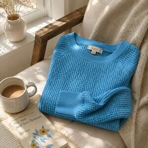 LOFT Blue Waffle Knit Pullover Sweater Small Cozy Soft Casual Lounge Top